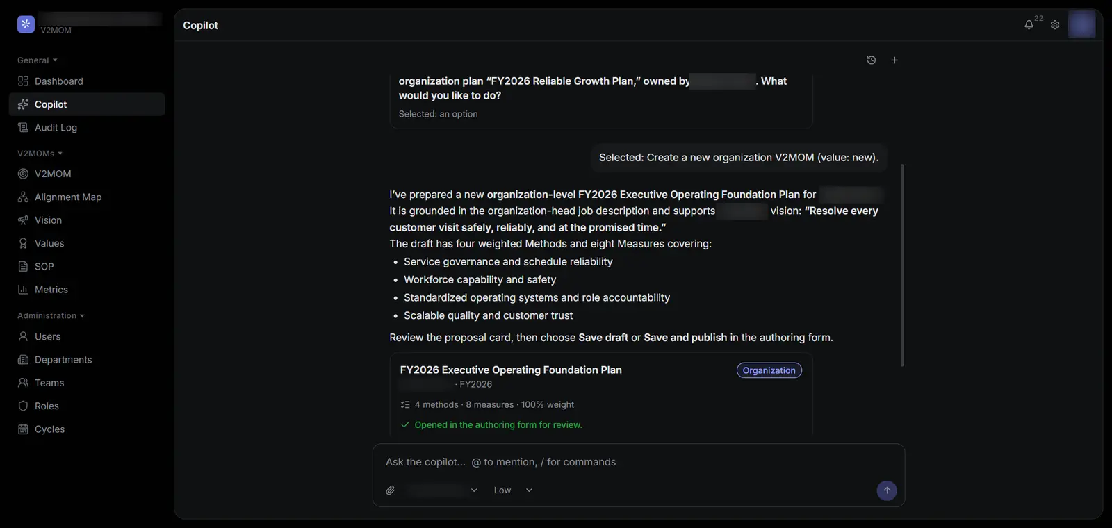 The copilot page, where the AI has drafted a new company plan and shows it as a card to review