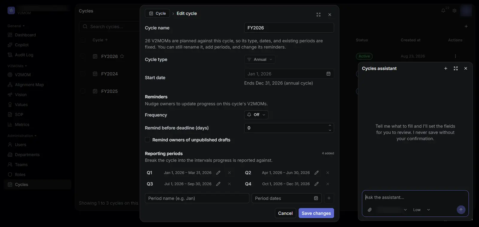The edit cycle form with its four reporting periods, and a cycles assistant open beside it
